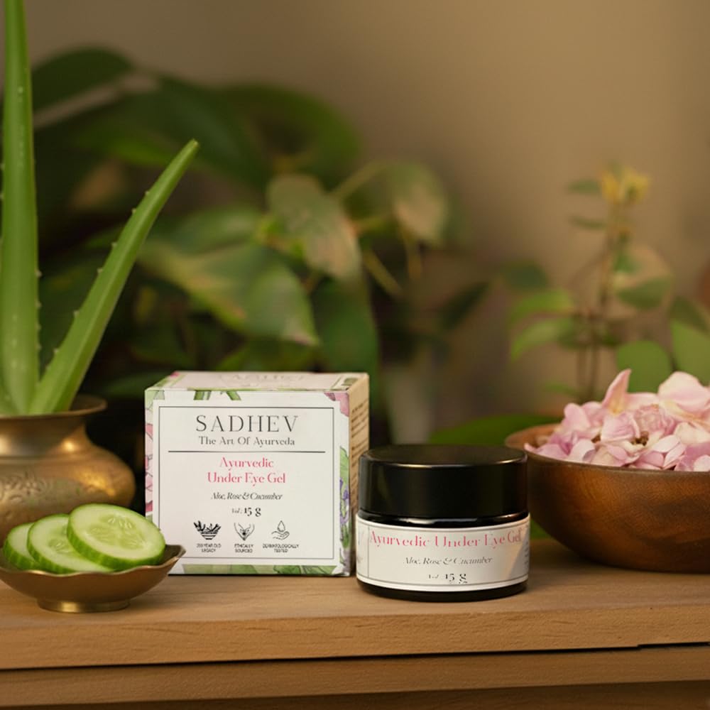 Sadhev Under Eye Gel | Aloe Vera, Cucumber & Rose | Reduces Dark Circles, Wrinkles & Puffiness | Natural Ayurvedic Hydrating Eye Gel | All Skin Types | 15g