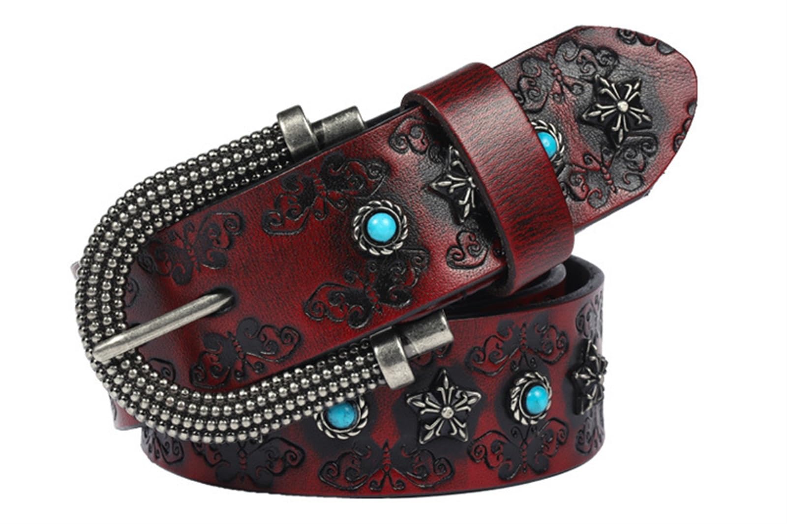 DLUCCA Men's Belts Men's Leather Belt Retro-Prägungs-Nietengürtel, türkisfarbener Inlay-Gürtel, Ethno-Stil, personalisierter dekorativer Gürtel, Breite 3,8 cm