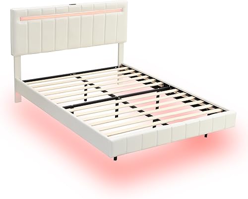 Miniatura 6 de Linique Marco de cama flotante tamaño Queen con luces LED y carga USB, moderno marco de cama LED tapizado de poliuretano tamaño Queen, color blanco
