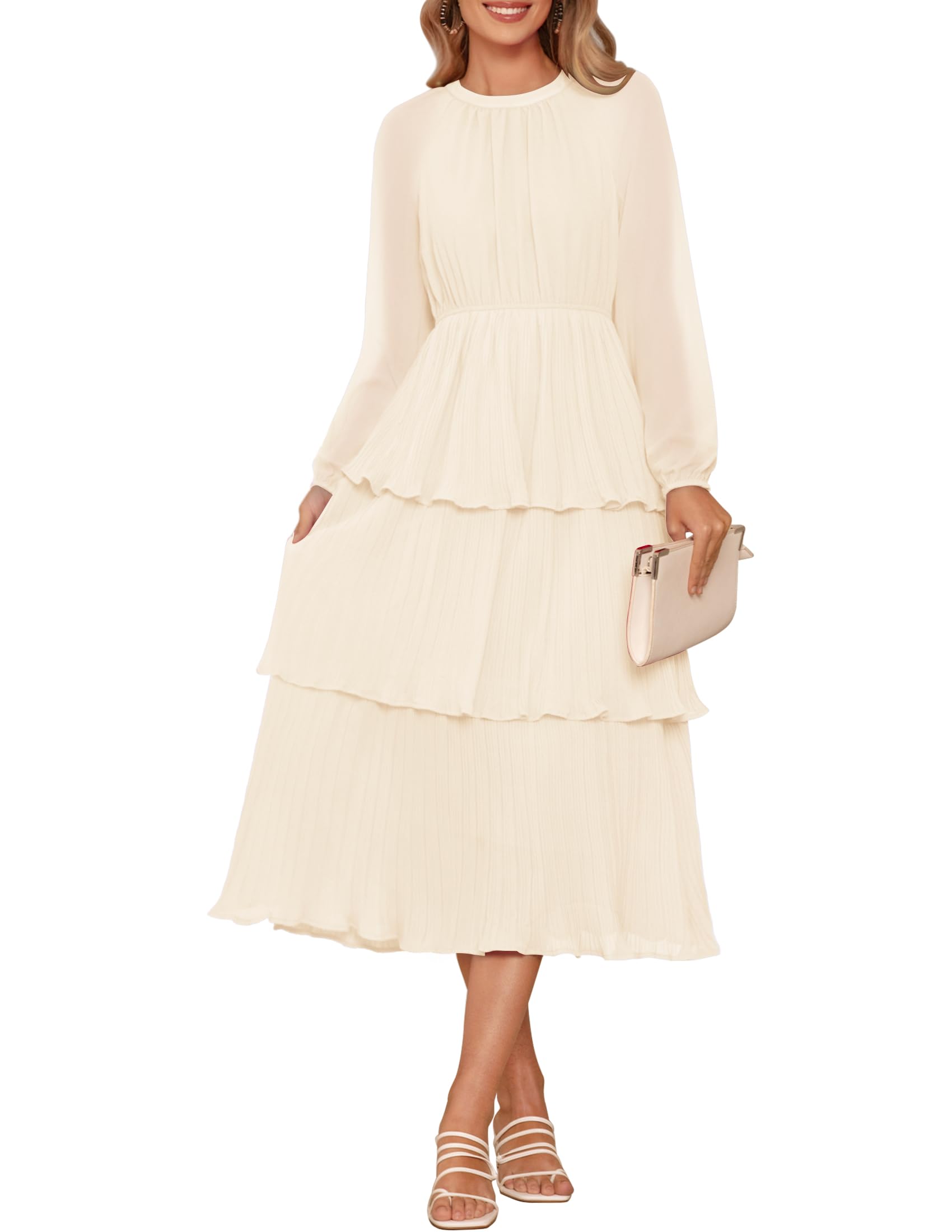 ZESICAWomen's 2023 Long Sleeve Crew Neck Ruffle Tiered Layered Chiffon Flowy Swing Long Midi Dress