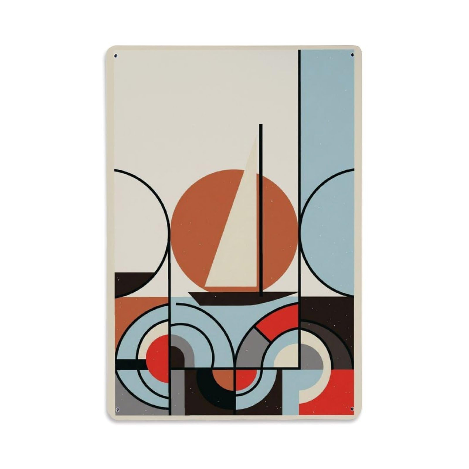 Seaside Sailboat Retro Nautical Blocks Abstract View Metal Tin Sign Plaque Wall Decor for Cafe, Man Cave, Club Bar, Office, Home Garden Round Metal Poster 8x12Inch