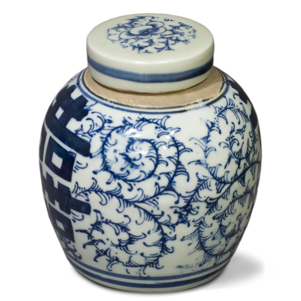 China Furniture Online Blue and White 4.5in Porcelain Double Happiness Small Chinese Jar with Lid