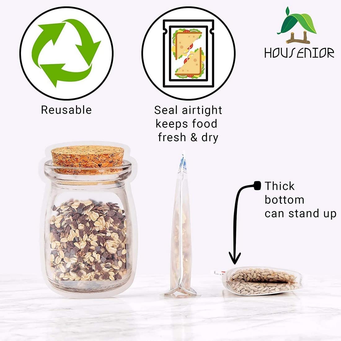 RENARSH Reusable Airtight Seal Plastic Food Storage Mason Jar Zipper Bags Set - 3 Pc (3-Different Size) - Image 5 thumbnail