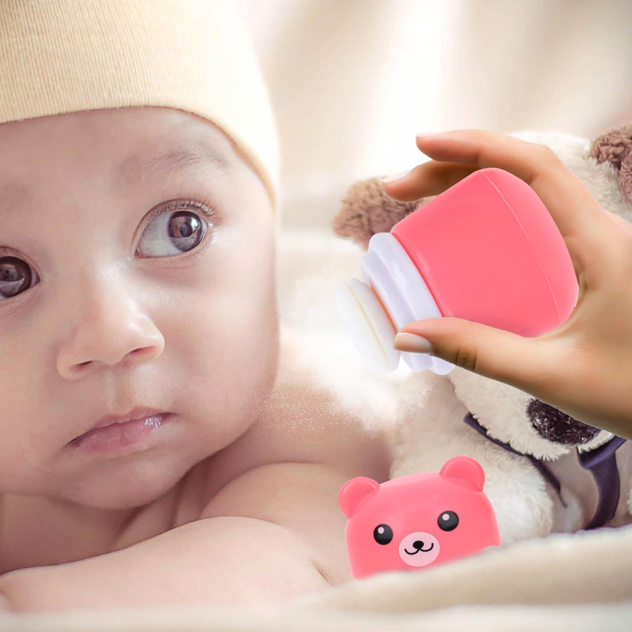 FOMIYES Cartoon Bears Baby Powders Puff Box, Pink Large-Capacity Powder Container with Sponge Puff, Safe and Gentle Design for Baby'S Skin, Portable for Home and Travel Use