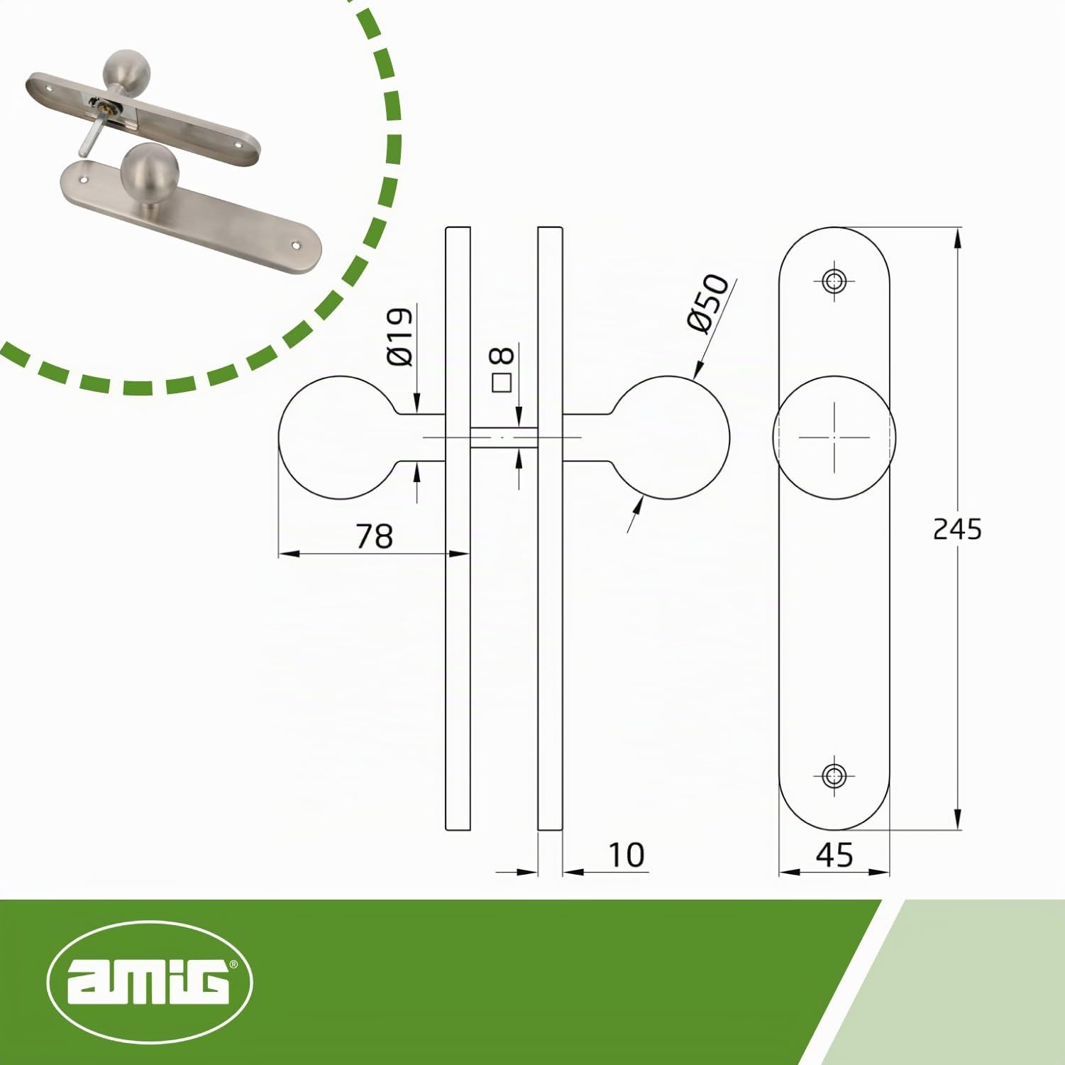 Amig - Jeu de boutons pivotants ronds pour portes intérieures Mod. 11GP - ø62 x 77 mm - Garniture de plaque rectangulaire - Poignée ergonomique - Acier inoxydable 18/8 mat