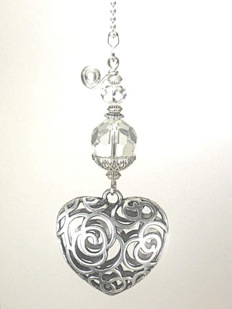 Silvery Puffed Scrollwork Heart and Crystal Clear Glass Light or Ceiling Fan Pull