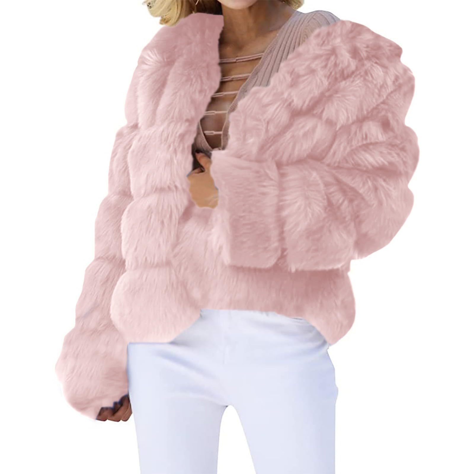 Generisch Pelzmantel Damen Kurz Winterjacke Kunstpelz Mantel Kunstfell Jacke Cropped Faux Pelz Coat Felljacke Flauschig Pelzjacke Winter Warm Parka Wintermantel