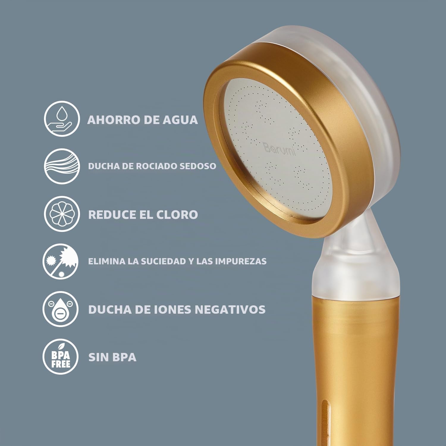Barumi Pluo Cabezal de ducha filtrado a mano - dorado | Filtro de vitamina C para piel y cabello sanos | cabezal de ducha de chorro suave de alta presión | ablandador de agua dura de doble filtración