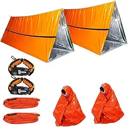 Kit de Sobrevivência Legendários, 2 Sacos de Dormir Térmicos Laranja com 2 Pulseiras Paracord 4 em 1. Multifuncional para Camping, Emergência e Desastres Naturais