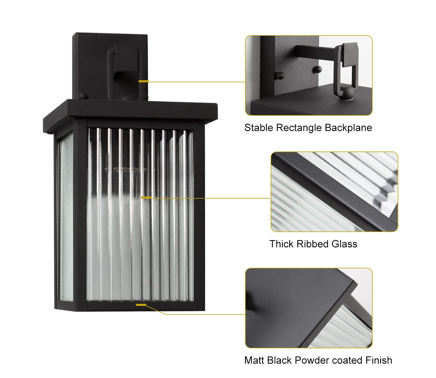 DAWALIGHT Aplique de Pared Exterior Rectangular, Farol Exterior Pared Negro, Vidrio Acanalado, Base E27, Lámpara para Jardín Patio Porche Entrada
