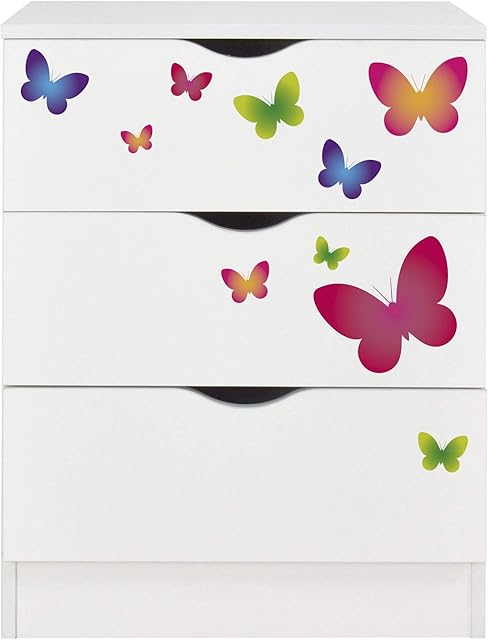 Leomark Roma White Chest of Drawers with 3 Drawers for Children's Bedroom Scandinavian Style 60 x 42 x 78 cm (Butterflies)