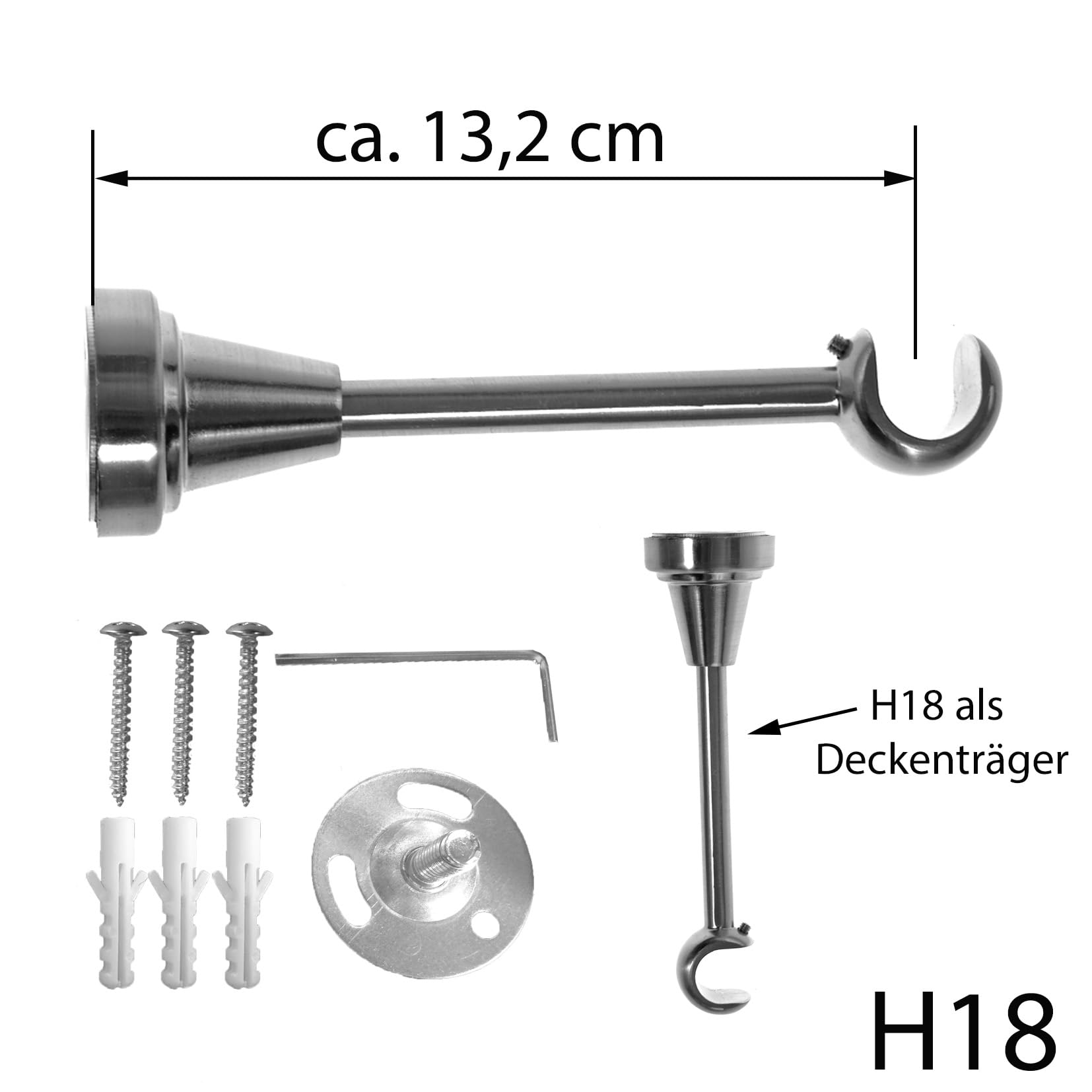 BASIT Gardinenstange Edelstahllook 19mm 1-läufig Wand Decke 480cm lang H18 | Gardinenstangenset einläufig Wandmontage & Deckenmontage Metall Vorhangstange 120-600cm wählbar Kappe Kappe E61