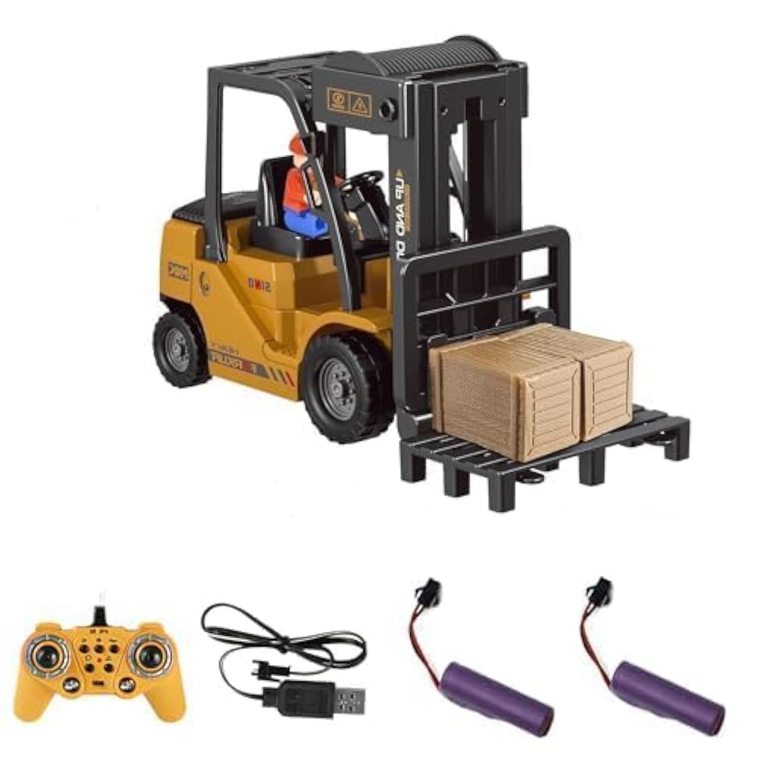 RC Forklift, 1/24 Remote Control Forklift Toy with Boxes/Sound and Light Spray, Two Rechargeable Batteries and Charger, The Forklift Suitable for Boys and Girls Gifts (yellow)