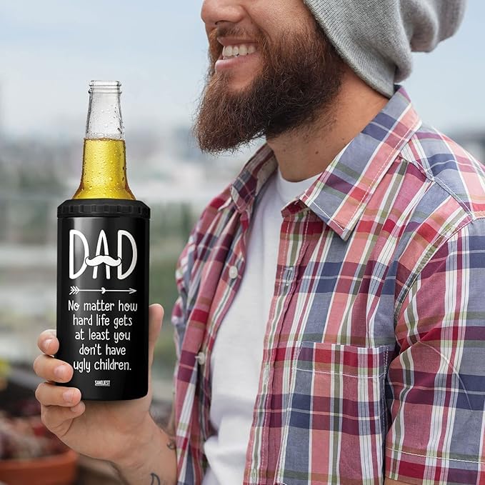 Image of SANDJEST 4-in-1 Dad Tumbler Gifts for Dad from Daughter Son - 12oz Funny Ugly Children Dad Can Cooler Tumblers Travel Mug Cup - Insulated Cans Coozie Travel Mug Christmas, Birthday, Father's Day Gift