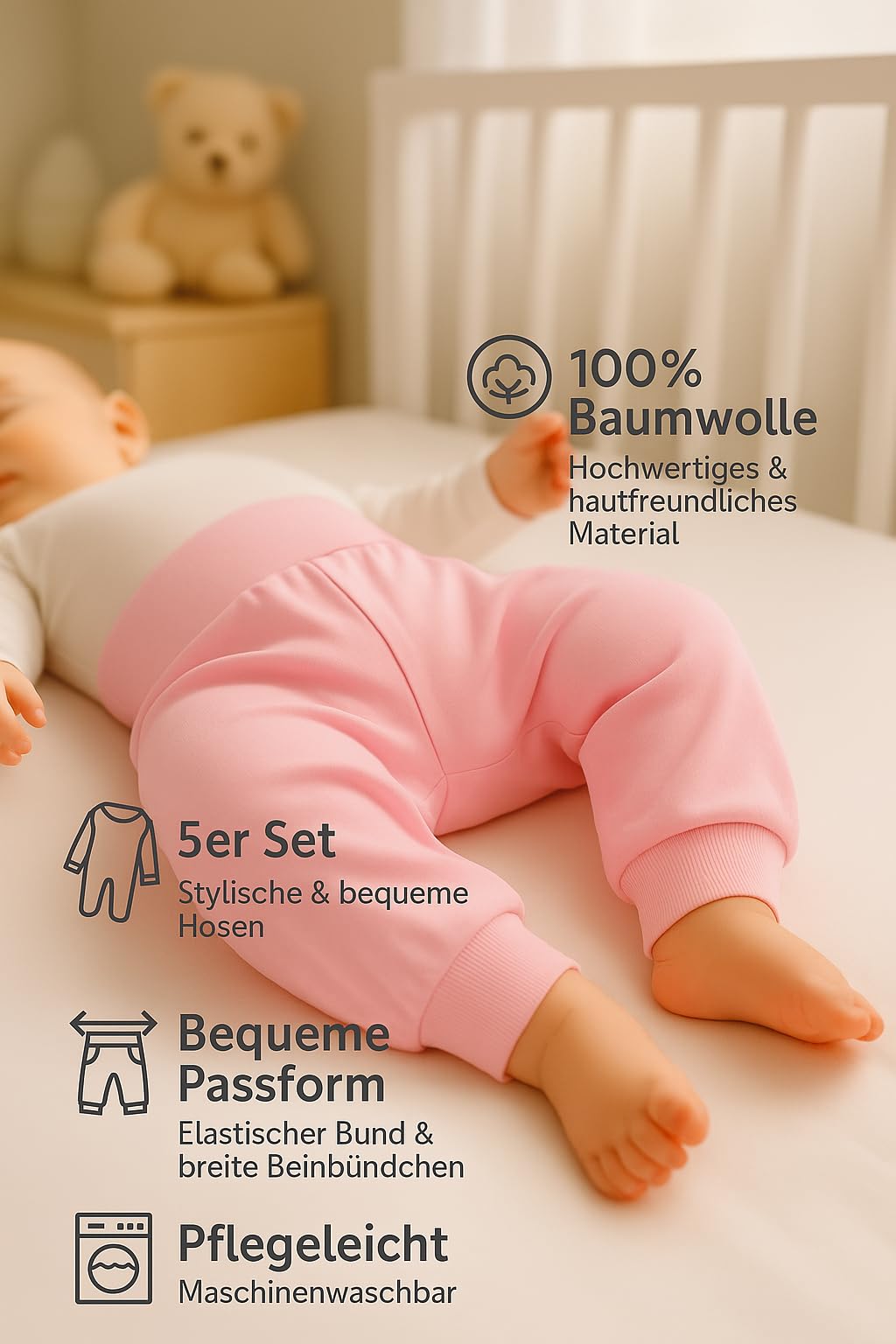 LOREZA® 5 Pantalones Bombachos para Bebé Unisex – 100% Algodón – Suaves, Cómodos y Transpirables