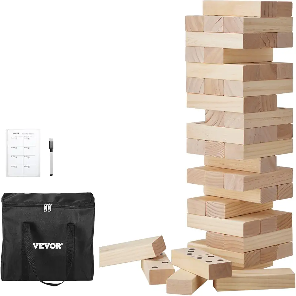 VEVOR Tumbling Timber Toy, 54 Blocks, Pine Wood Tumbling Tower Game with Storage Bag, Marker and Scoreboard, Medium Tumble Tower Blocks Game, Wooden Stacking Family Games for Indoor and Outdoor