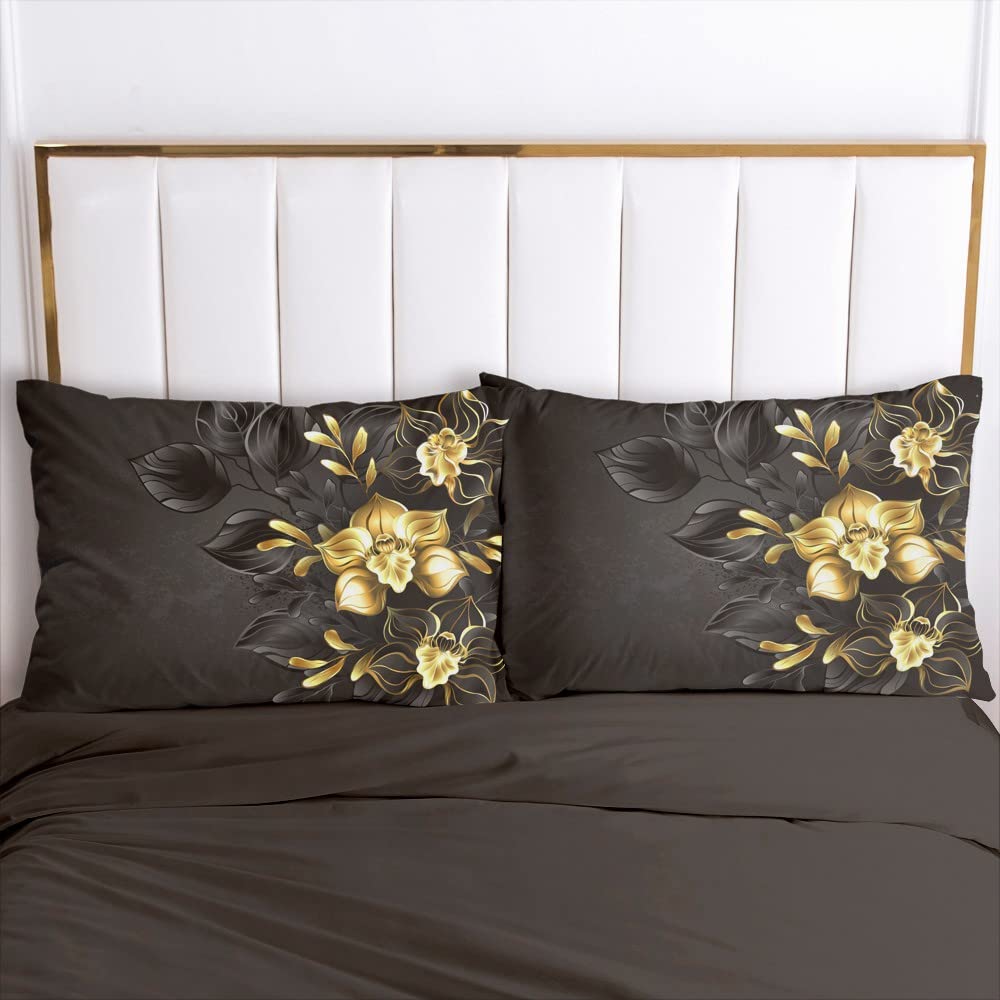 Luowei Floral Ropa de cama 200x200cm Negro Oro Romántico Floral Manta con Cremallera Microfibra Fundas nórdicas y 2 Fundas de cojín 80 x 80 cm