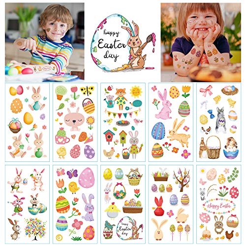 EXRIZU 20 Sheets Easter Cute Temporary Tattoos Stickers for Kids Girls Boys, Easter Eggs Bunny Chicken Tattoo Transfer Sticker for Easter Day Basket Stuffers Party Favors Decorations Gifts