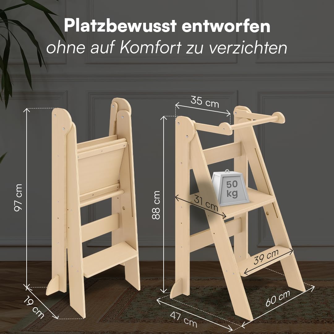 Bellabino Tay Lernturm ab 1 Jahr – Learning Tower 2-Fach höhenverstellbar & klappbar – Lernstuhl in Natur für Kinder – Montessori Stehturm aus Birkenholz – sicherer Tritthocker mit Kippschutz