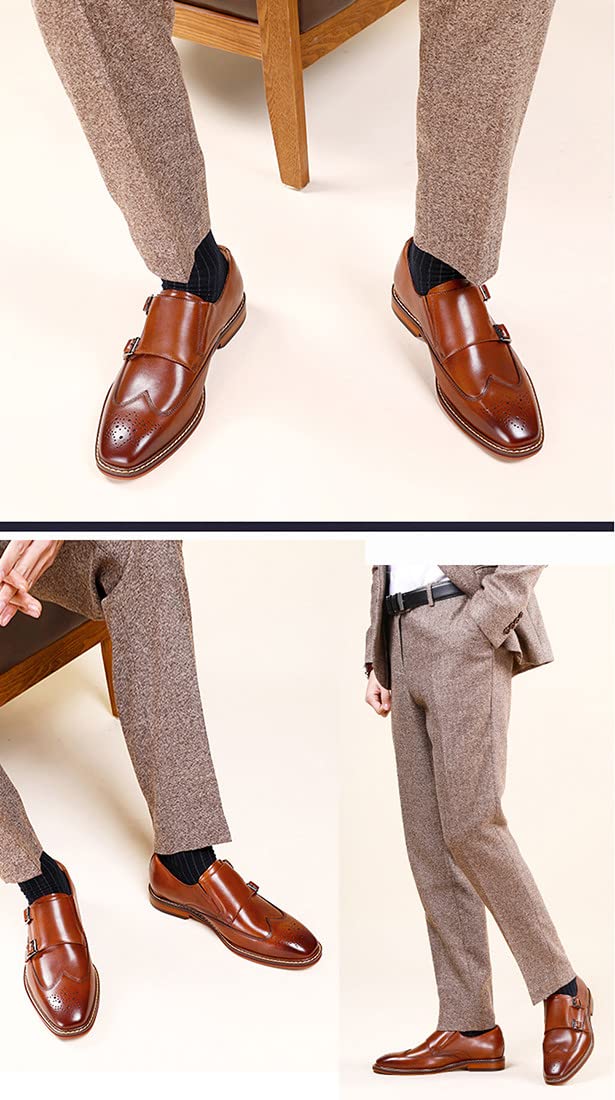 Zapatos de Doble Monje para Hombre, de Cuero, con Correa de Hebilla clásica, sin Cordones, con Punta de ala, Informales, para Boda, Mocasines Brown 44 EU
