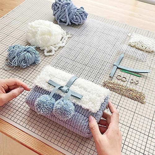 Image of Allazone 58 PCS Clear Plastic Mesh Canvas Sheets for Embroidery, Plastic Mesh Sheets Plastic Canvas with 12 Color Acrylic Yarn for DIY Sewing Bag