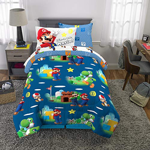 Image of Super Mario Kids Bedding Set, Twin Size 5 Piece Comforter and Sheet Set with Sham, (Officially Licensed Product) by Franco