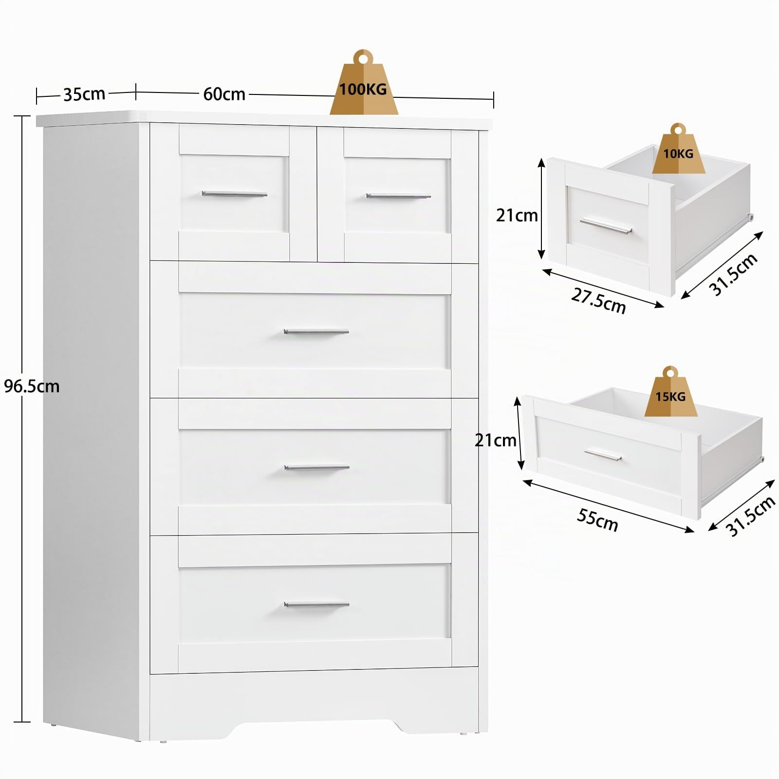 Comoda Dormitorio 5 Cajones Blanca, Cómoda y Cajonera Multifunción para Dormitorio - Sinfonier Blanco de Gran Capacidad, Ideal para Salón y Entrada, 60x35x96.5 cm