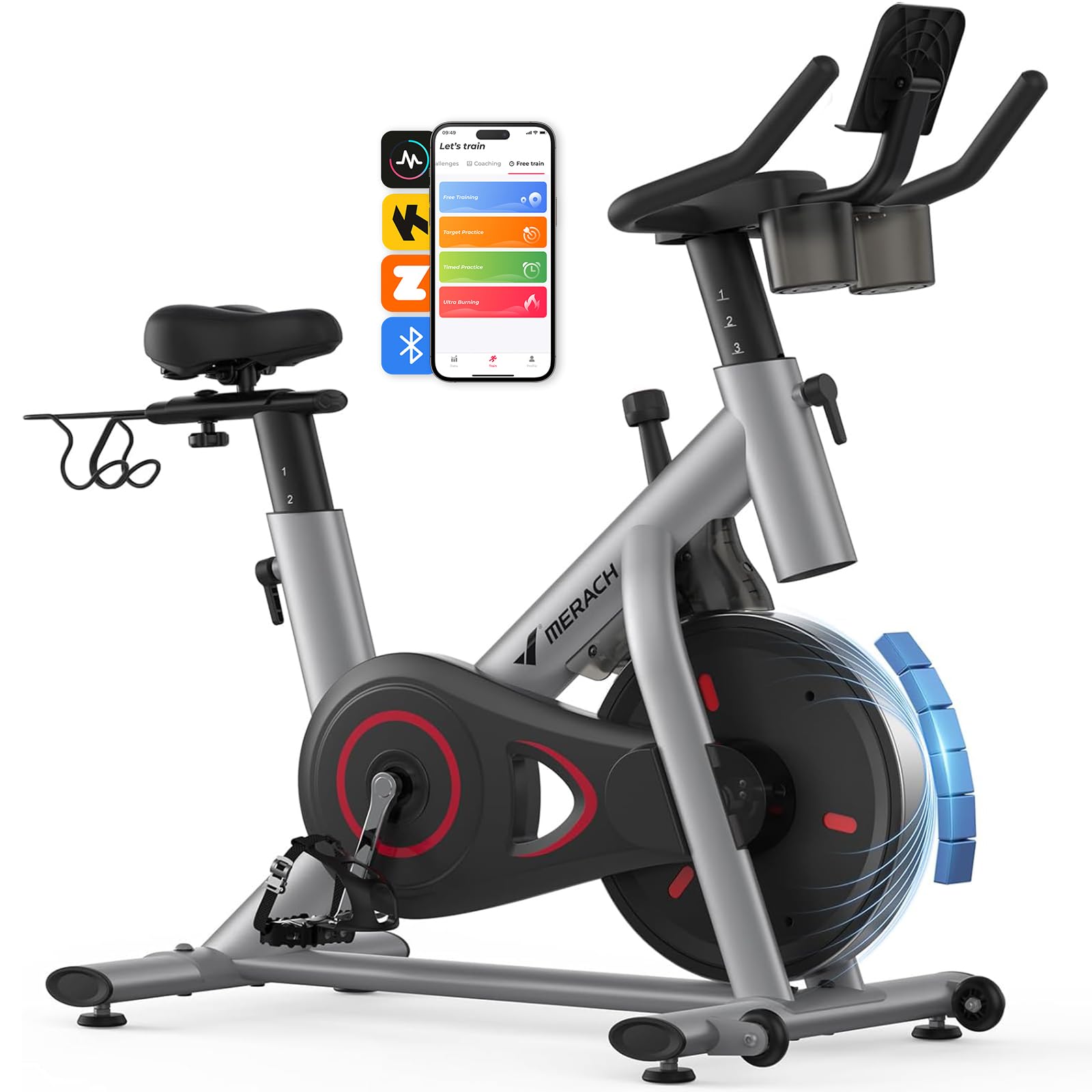 MERACH Exercise Bike, Brake Pad/Magnetic Stationary Bike with Exclusive App, Low Noise Indoor Cycling Bike with 270lbs Weight Capacity, Dumbbell Rack and Fitness Courses for Weight Loss