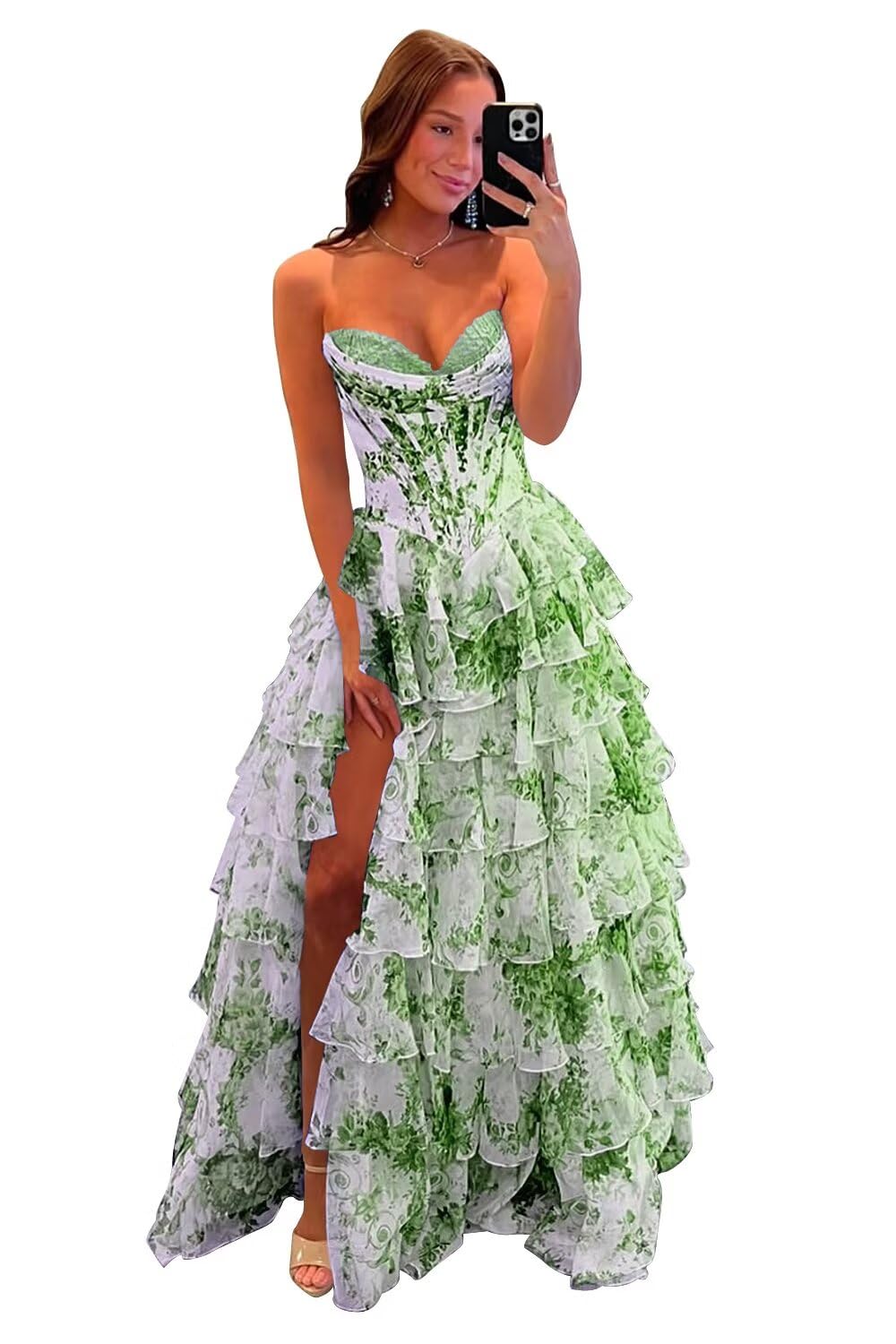 UZN Floral Print Tiered Prom Dresses 2026 with Slit Long Strapless Corset Formal Evening Party Gowns