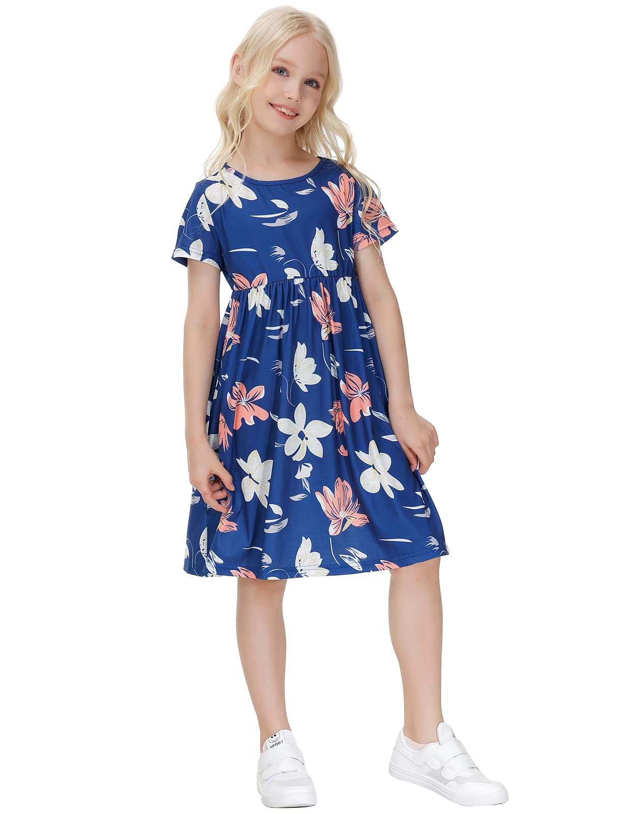 Rubehoow Girls Floral Dress Boho Short Sleeve Pleated Casual Swing Dresses with Pockets for Kids 5-14 Years