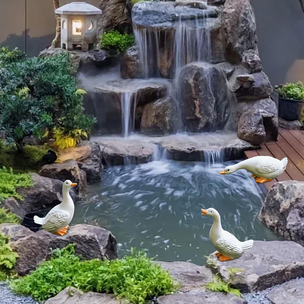 Duck Garden Statues,3 Pcs White Resin Goose/Ducks Figurines for Outdoor,Middle Size Drinking Standing Posture Goose Garden Sculptures for Patio Yard Pond Decor,Outdoor Duck Ornament
