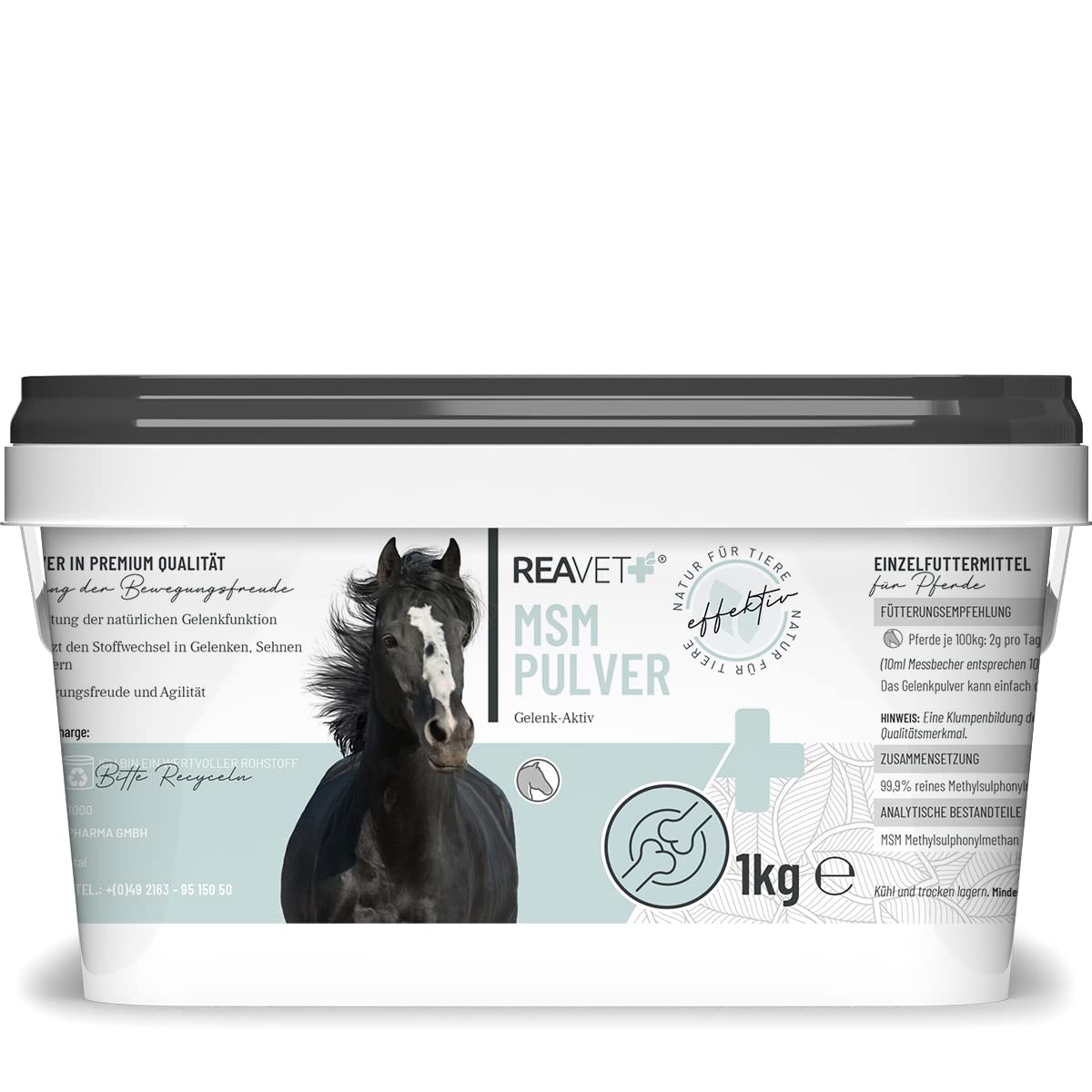 ReaVET MSM Poudre 1kg - MSM pour Chevaux, soufre Organique, Pur & Haute Dose I Poudre articulaire pour Chevaux, méthylsulfonylméthane pour Animaux