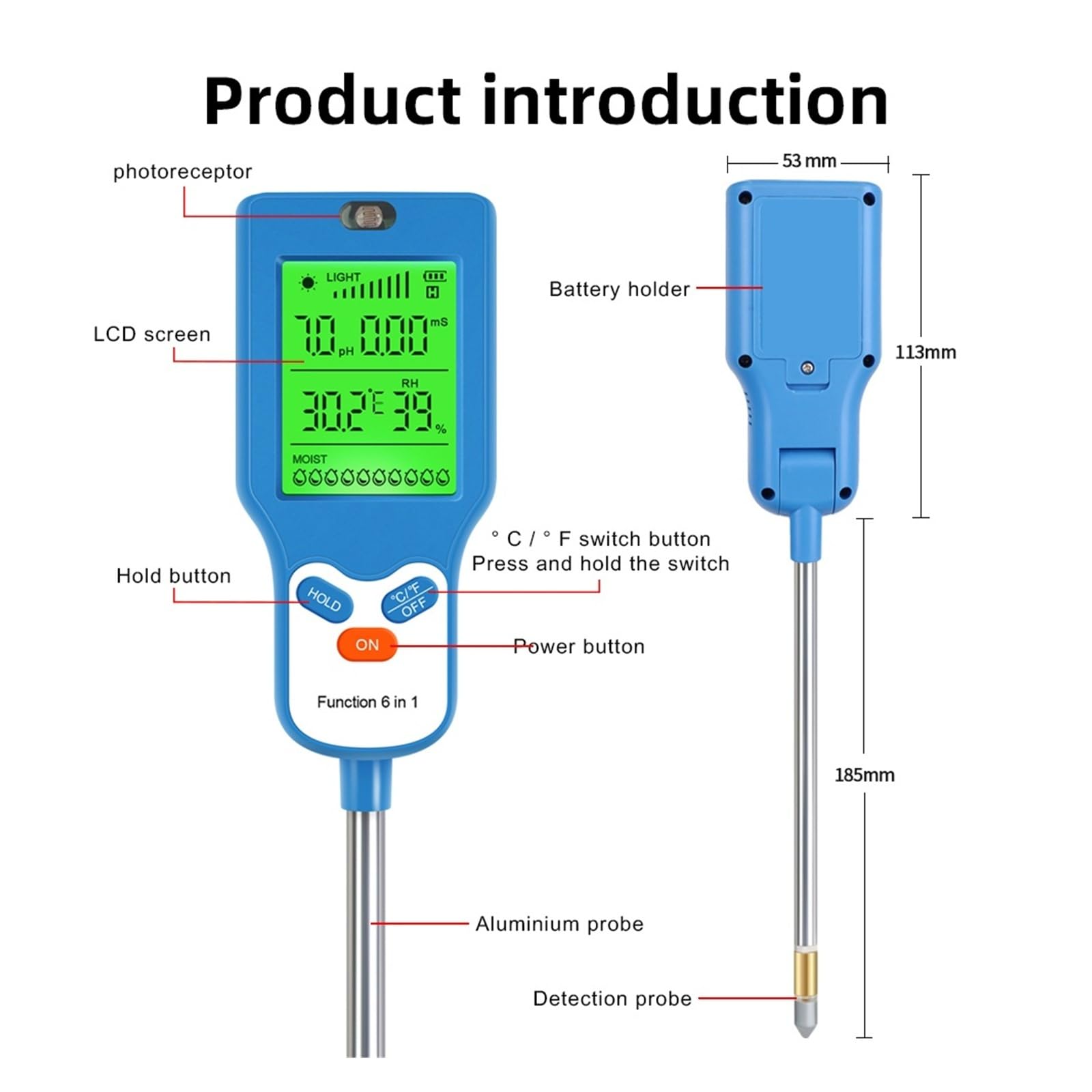 Testeur d'eau numérique, Testeur de Sol 6 en 1, pH, température, humidité, l'air, Nutriment, fertilité, détecteur pour Eau Potable Aquarium Piscine Fontaine
