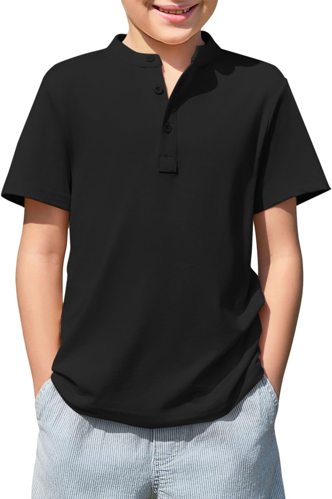 Haloumoning Boys Short Sleeve Henley Shirt Kids Casual Button Front Summer T-Shirts Tops Tees 5-14 Years