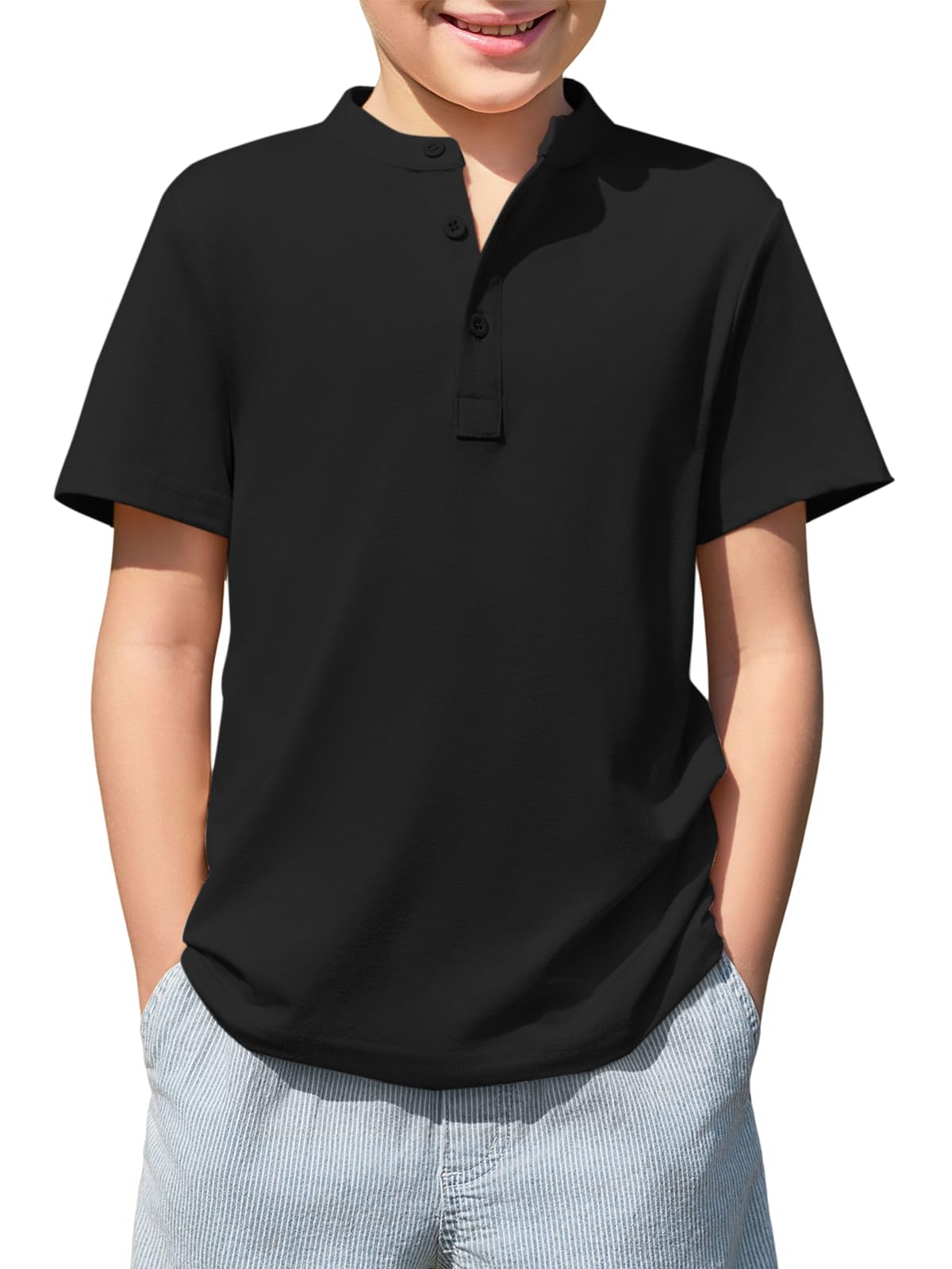 HaloumoningBoys Short Sleeve Henley Shirt Kids Casual Button Front Summer T-Shirts Tops Tees 5-14 Years