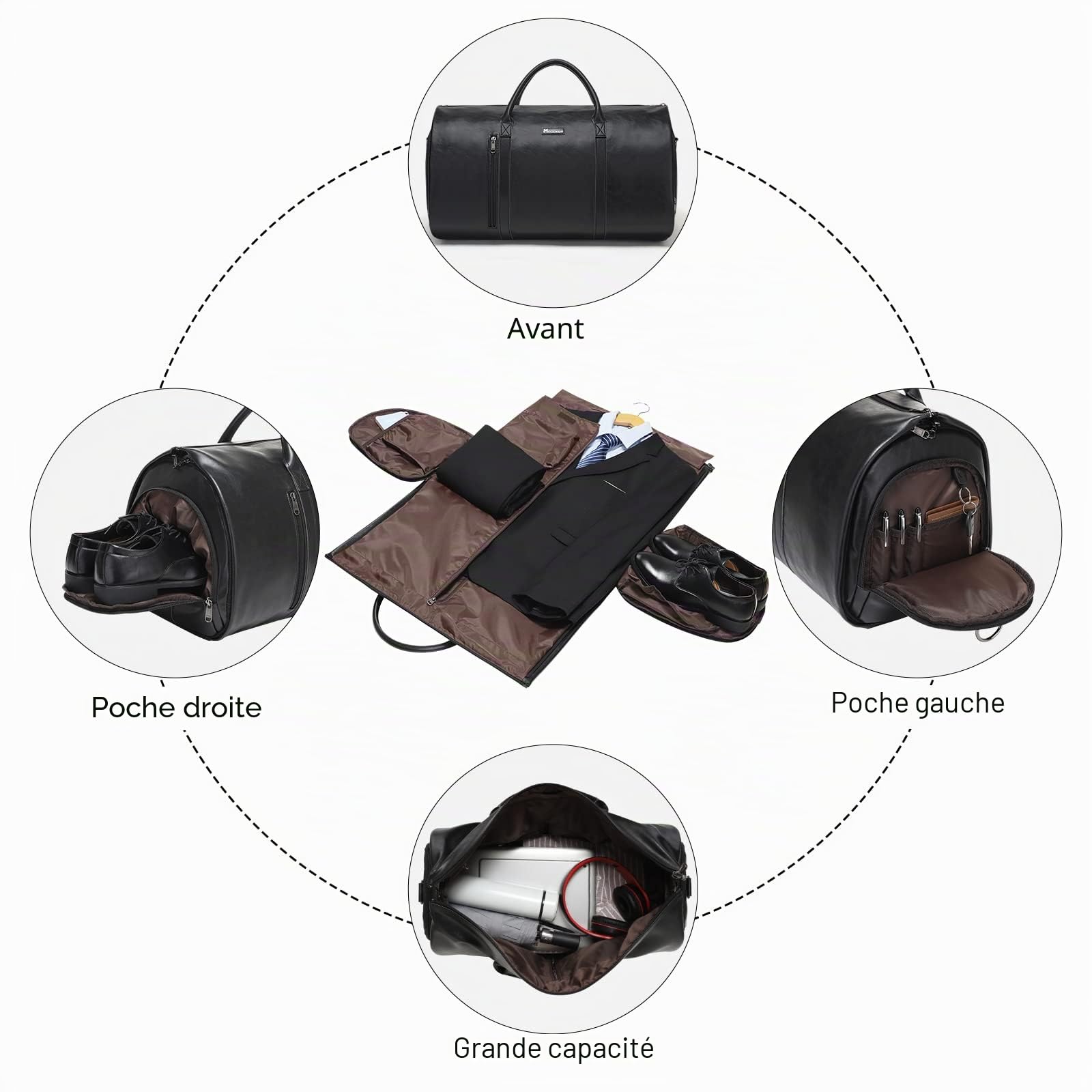 Modoker Sac à vêtements en cuir convertible, sacs à vêtements pour voyage, sac de voyage, Noir
