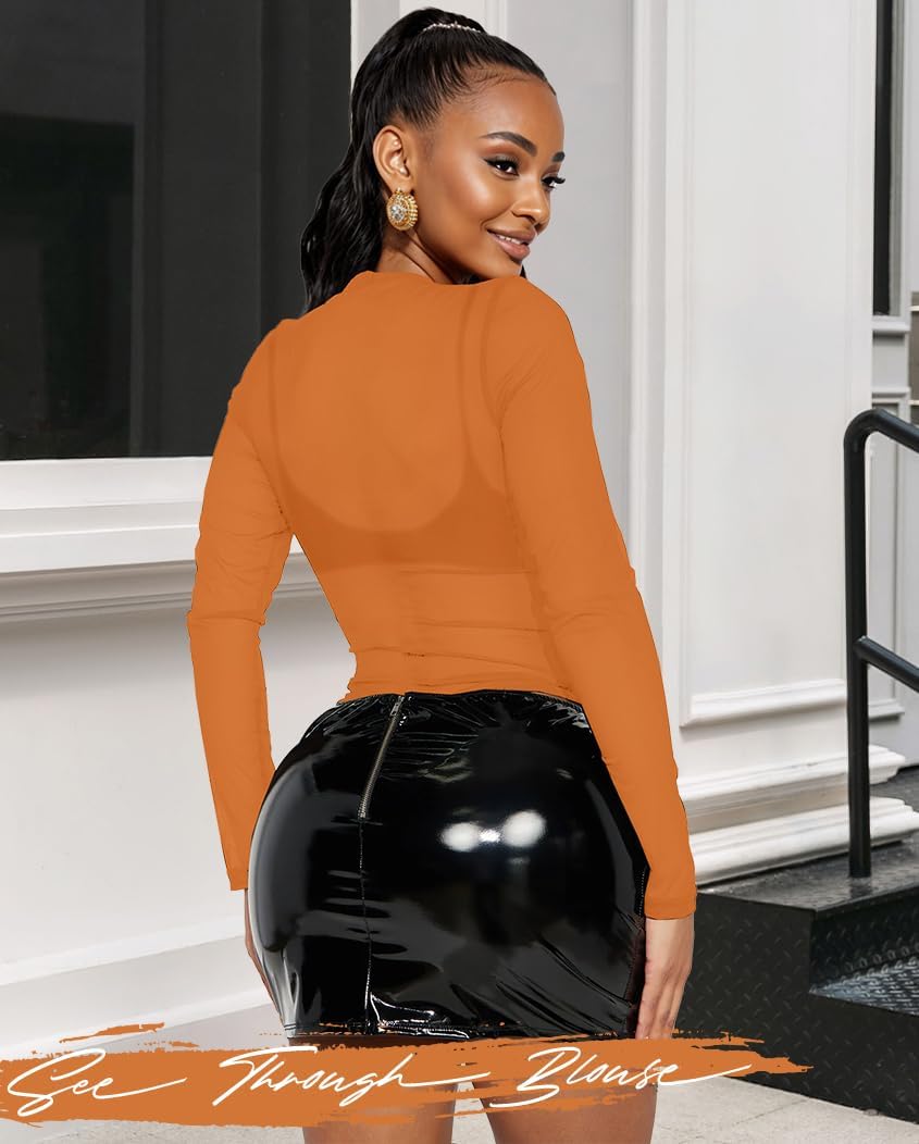 Women's Mesh Tops Sheer Long Sleeve Tee Shirts Bodycon See Through Blouse Clubwear - Image 7