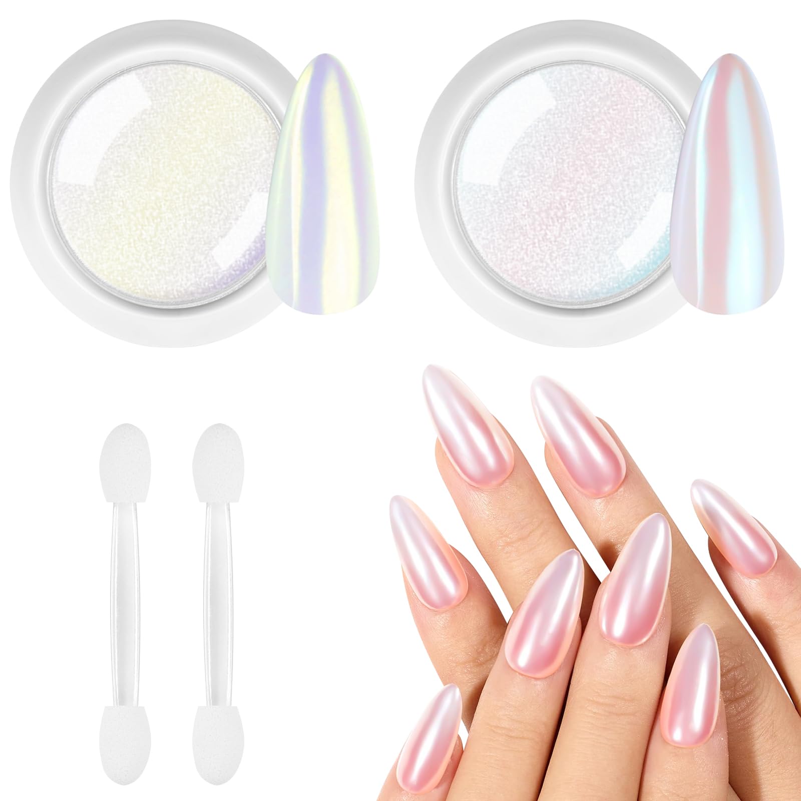 Chrome Ongle Nacrée, 2Pcs Poudre Chrome, Poudre ongle Effet Perle Glitzerpuder, poudre de Paillettes Aurora Transparente, pour Glazed Donut Nails, Pearl Shimmer Nails