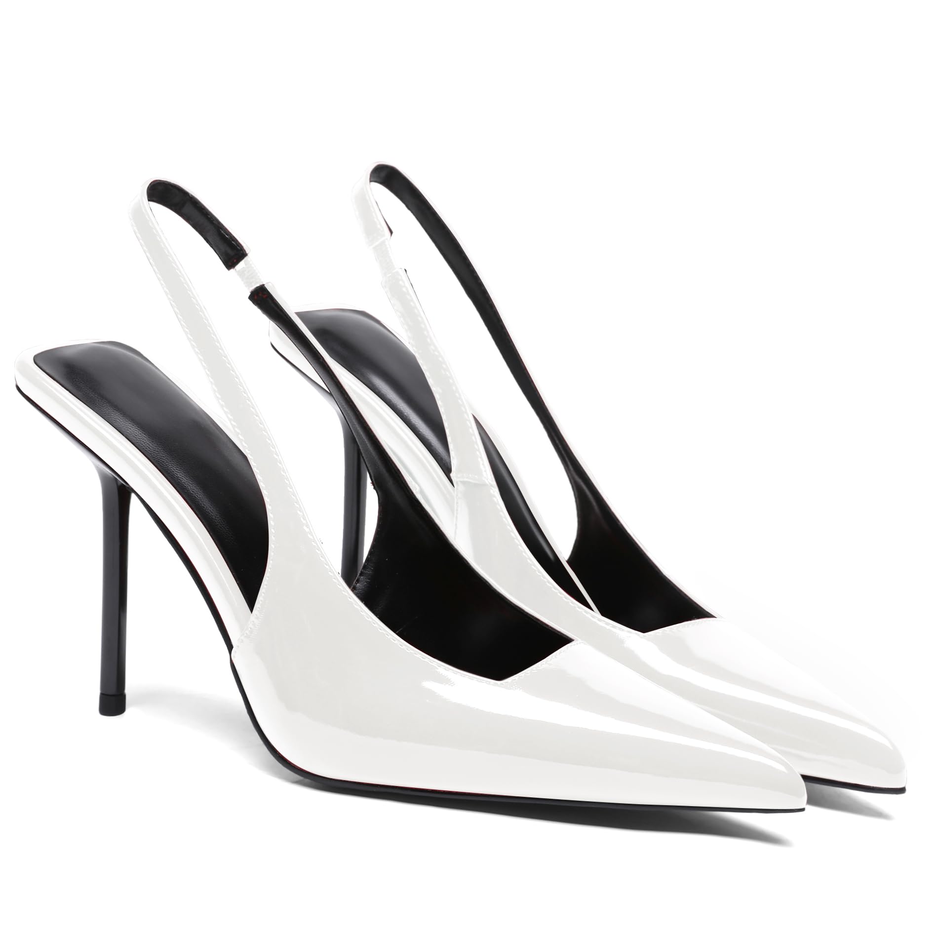 Women's Slingback Stiletto High Heels Pointed Toe Slip On Pumps Shoes Patent Leather Stretch Strap Backless Dress Heels