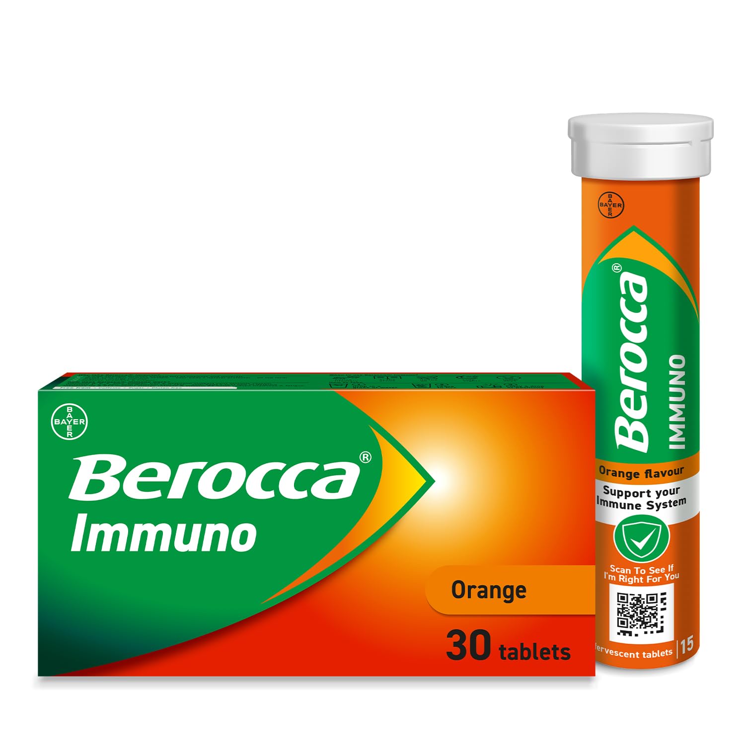 Berocca Immuno Effervescent Tablets, 11 Vitamins and Minerals, Including Vitamins D, C, A, B9, Zinc and Iron to Help Support Your Immune System and B6 and B12 Support Energy Release, Green, 30 Tablets