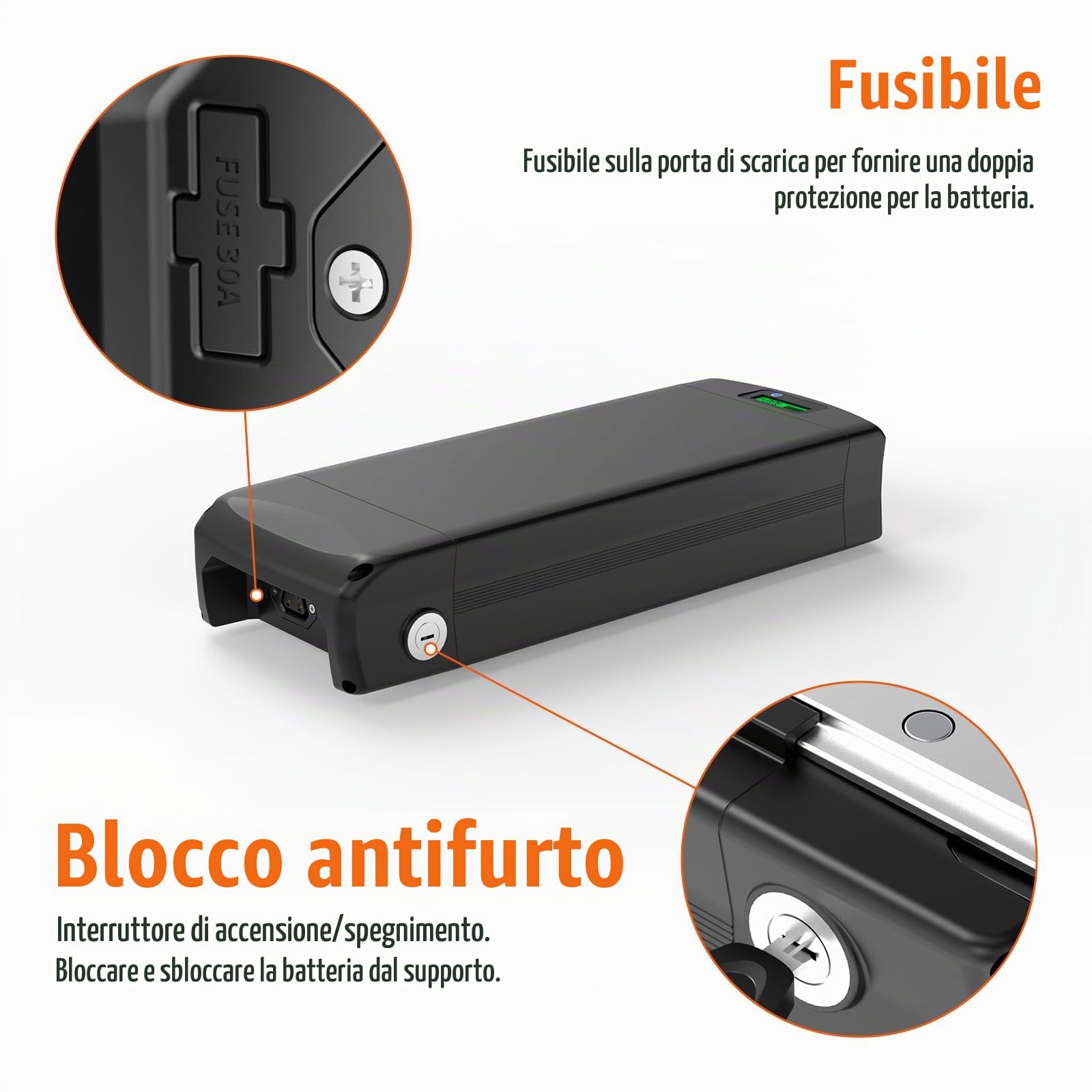 36V 48V 52V 72V 27Ah 36Ah Batteria per Ebike con portapacchi - Batteria per 250W 500W 750W 1000W 1500W 2000W Ebike Conversion Wheel Kit Ba-fang Motor (con BMS e caricatore/luce posteriore).
