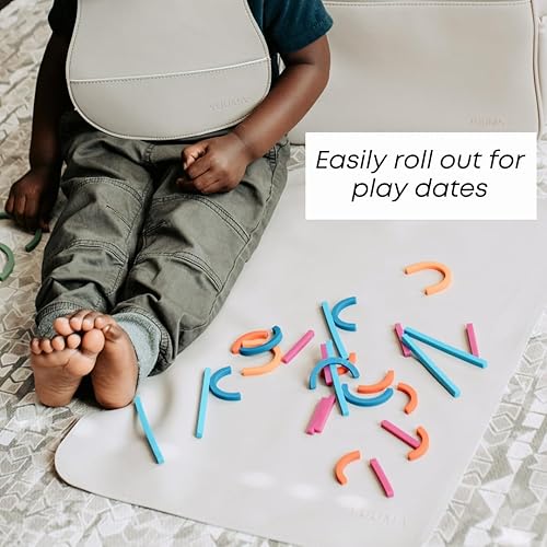 Miniatura 5 de YUUMA Tapete de cuero vegano, cambiador de pañales para bebé, portátil, lavable y reutilizable, 14 x 22 pulgadas, plegable para viajes (marfil)