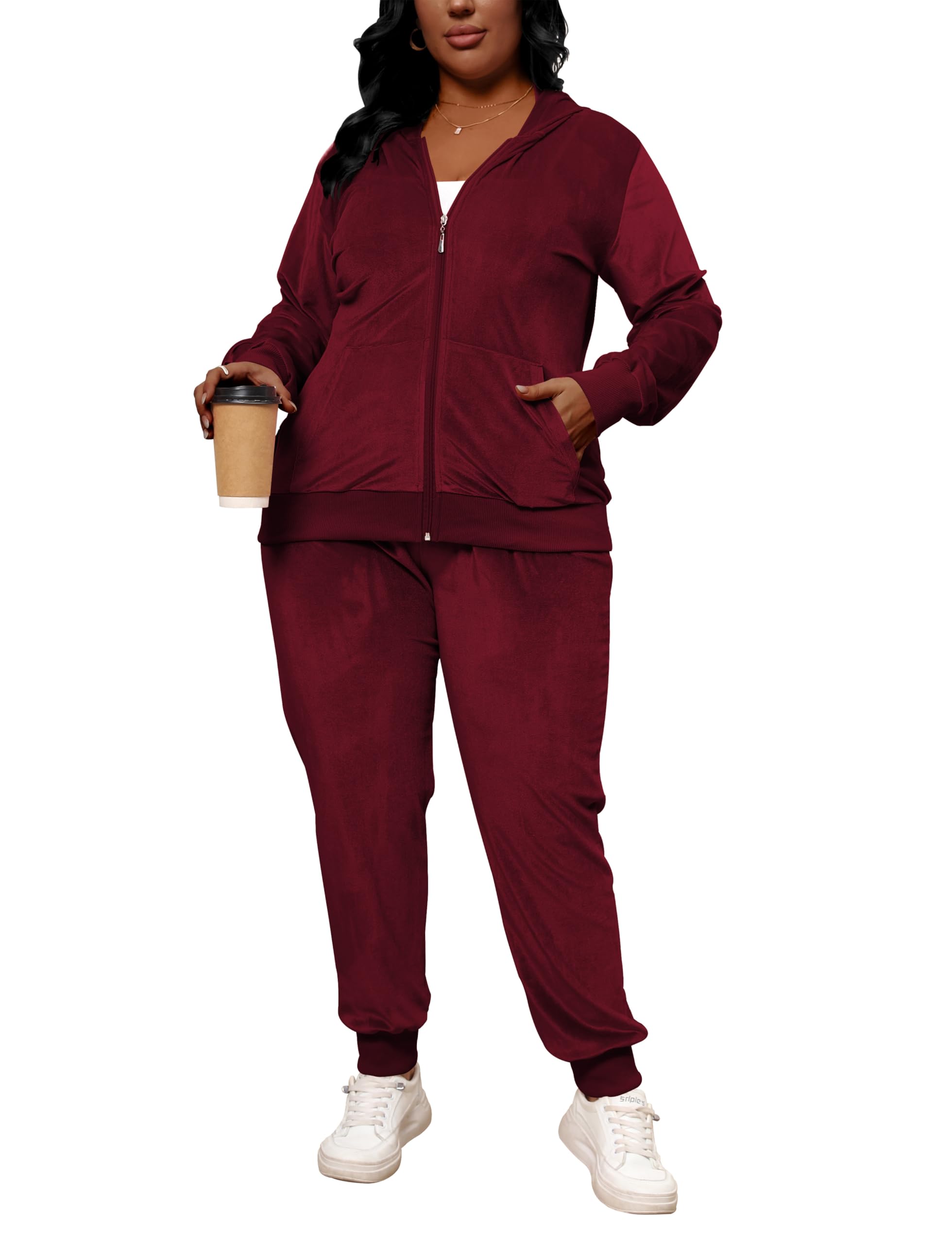 Tycorwd Conjunto deportivo de dos piezas de terciopelo para mujer, talla grande, conjunto de chándal de manga larga, Rojo vino, XXL Más