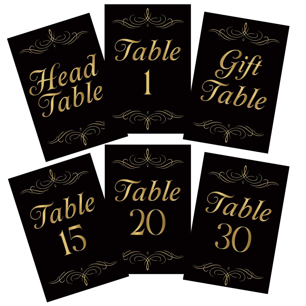 GOMAKERER 32 Pcs Wedding Table Numbers Cards, 1-30 Black Golden Number Double Sided Wedding Table Numbers Signs with Head and Gift Table Card Party Centerpiece for Birthday Bridal Event Reception