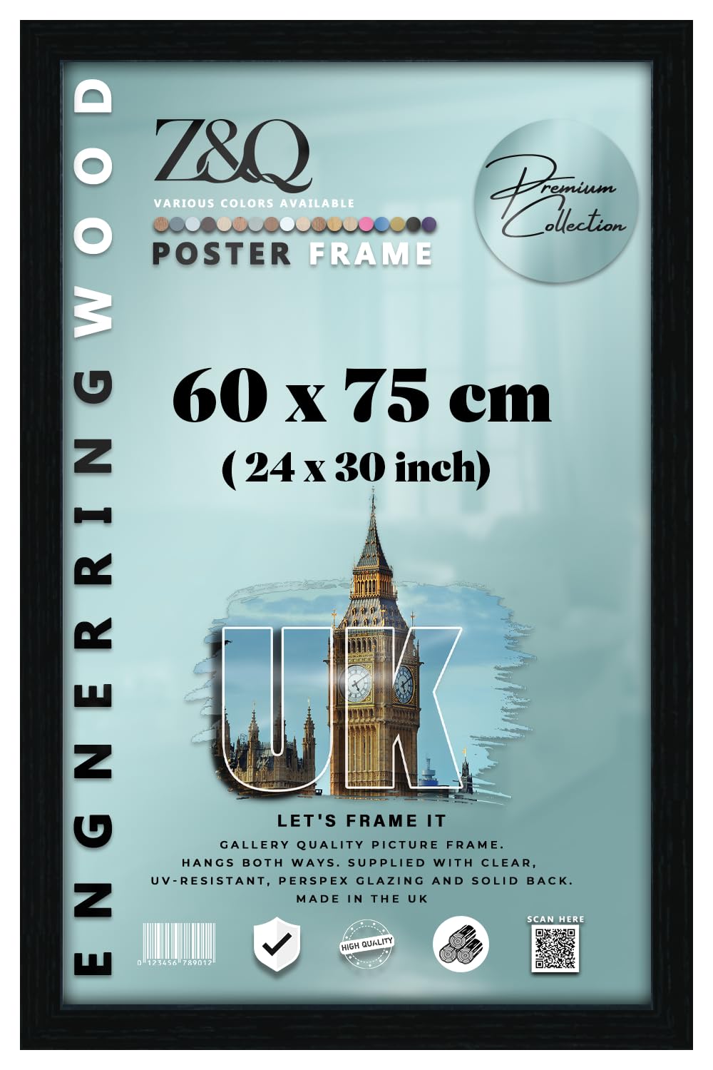 Z&Q Large Black Poster Frame 60x75cm | MDF Wood with Clear HD Styrene Front | 24x30 Inch Wall Frame for Prints & Artwork | Home & Office Wall Décor Signature Collection | Black