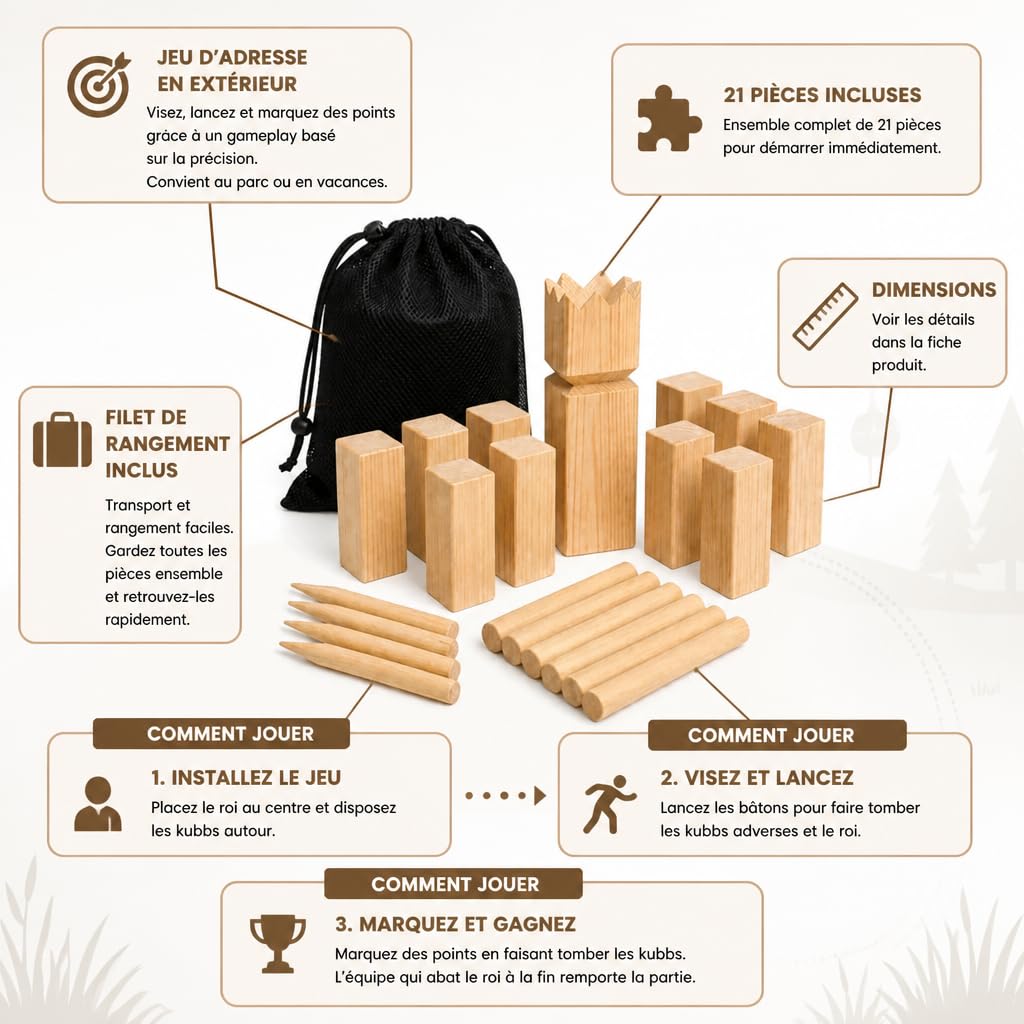 Jeu de Kubb Viking en Bois – 21 pièces – Jeu d’adresse d’extérieur pour Jardin – 2 à 12 Joueurs – Filet de Rangement Inclus