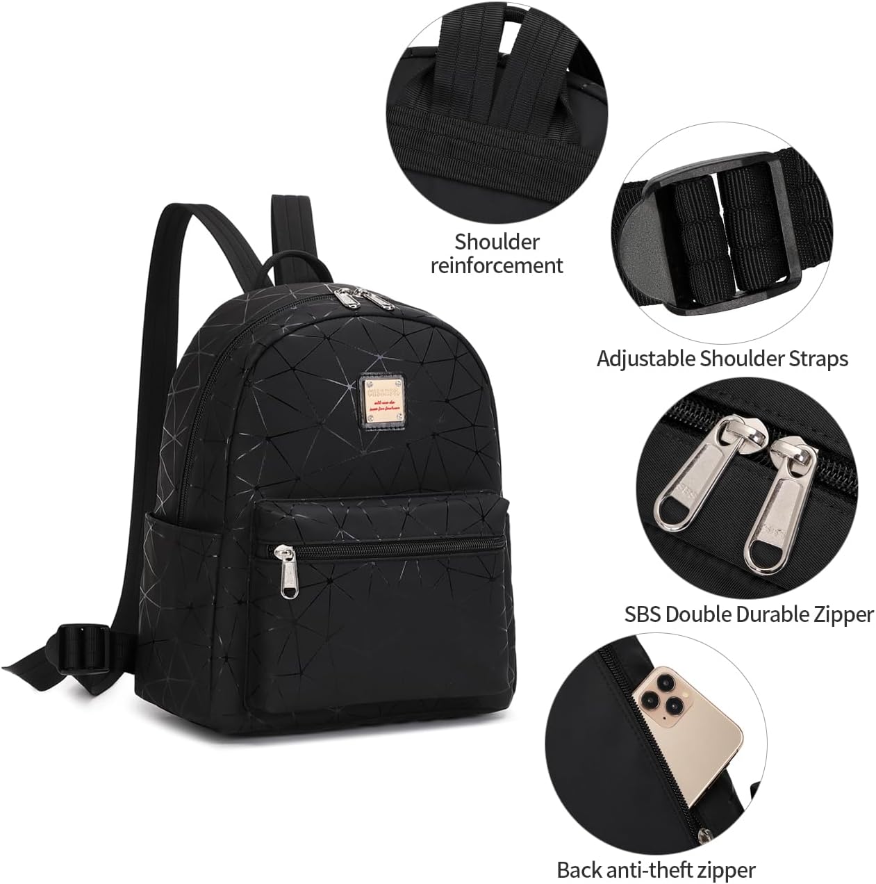 Cusangel Black Mini Backpack For womens, black backpack Purse,10L Synthetic Leather Cute Small Backpack with Pockets,Travel Fashion Backpack,Ladies Shoulder Bags - Image 8