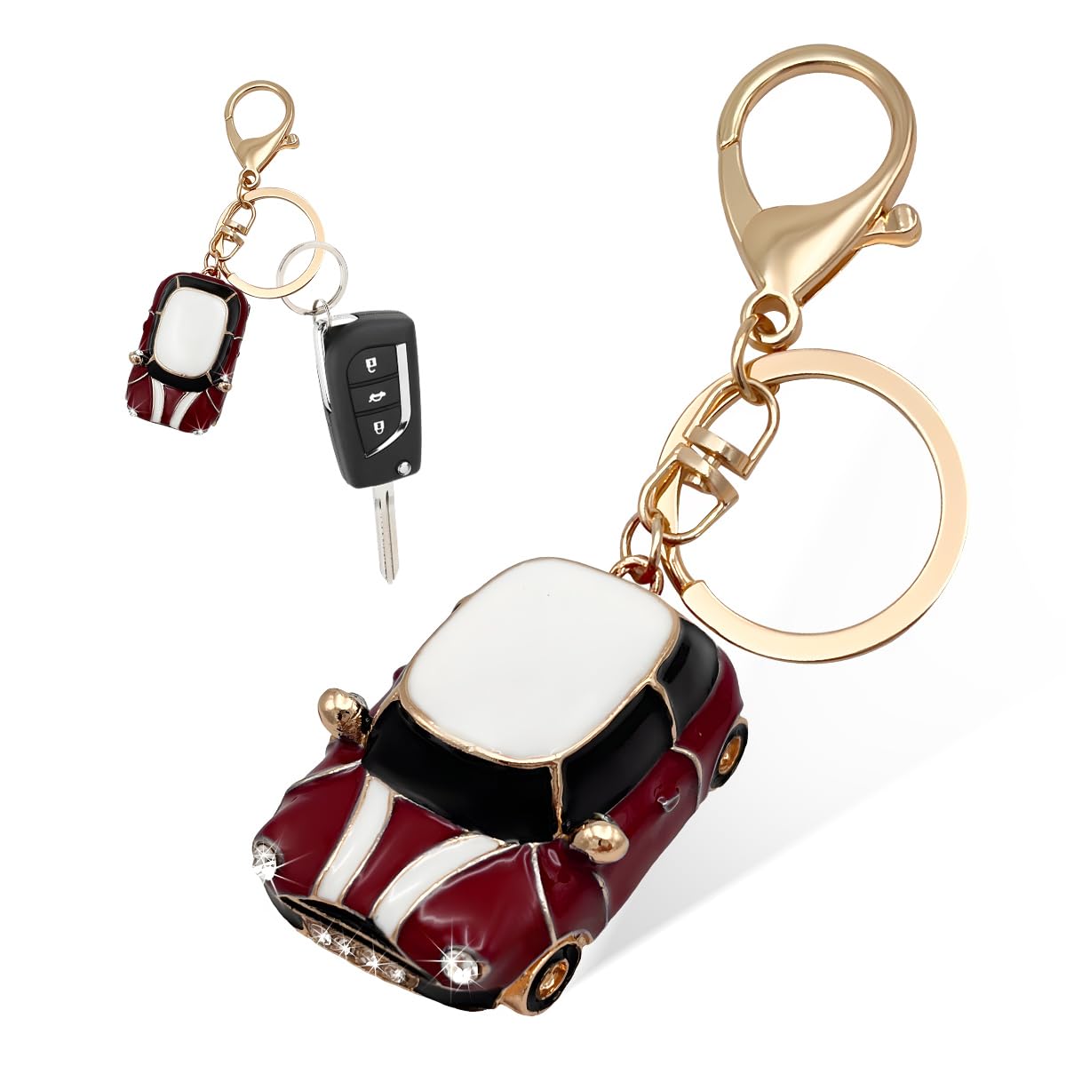 Car Model Keychain, Mini 3D Metal Car Shape Keychain with Key Ring, Rhinestone Car Keychain Gift, Car Accessories (Dark Red)