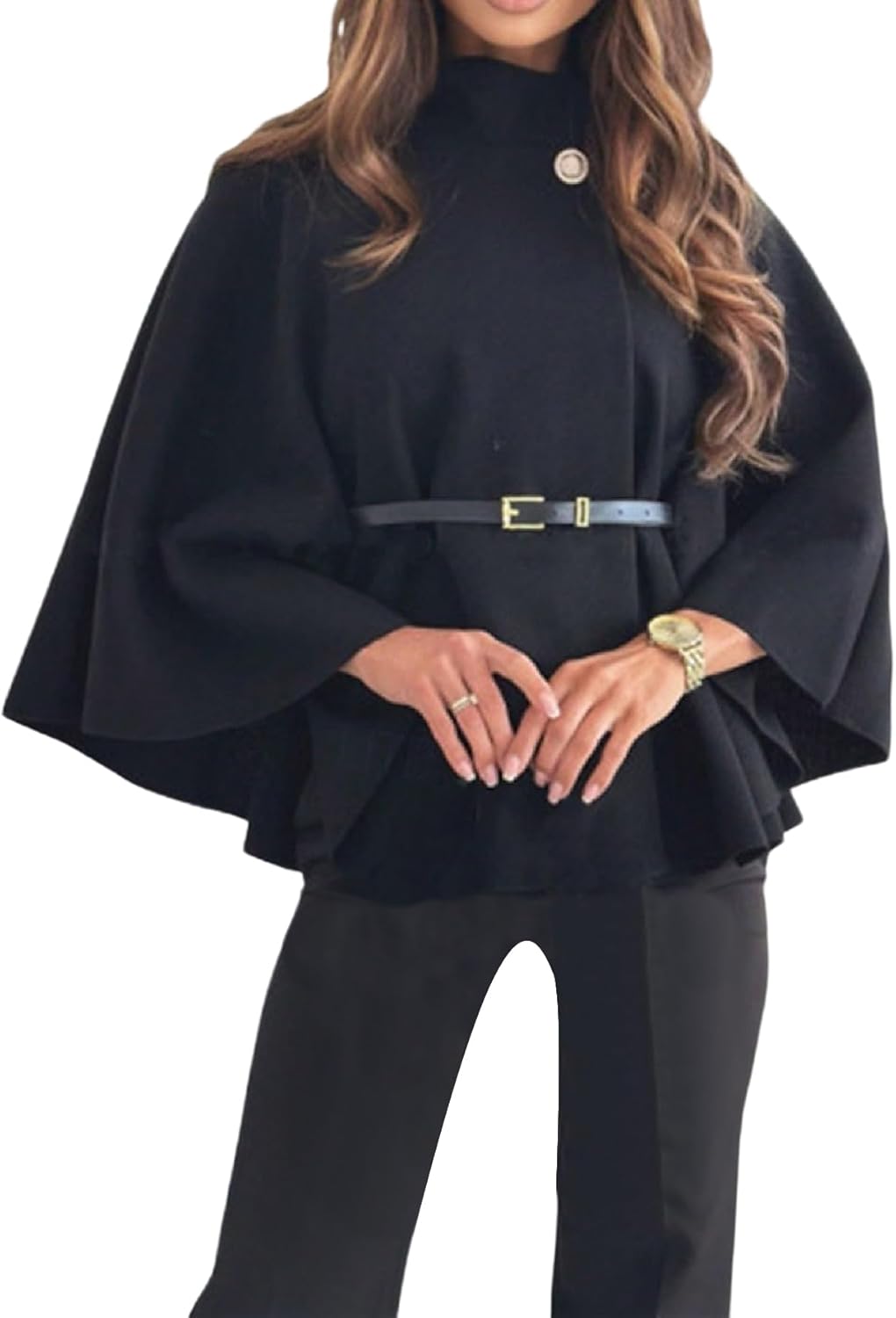 SHENHE Women's Cape Coat Bat Wing 3/4 Sleeve Mock Neck Poncho Pea Coat Dressy Outerwear Jacket