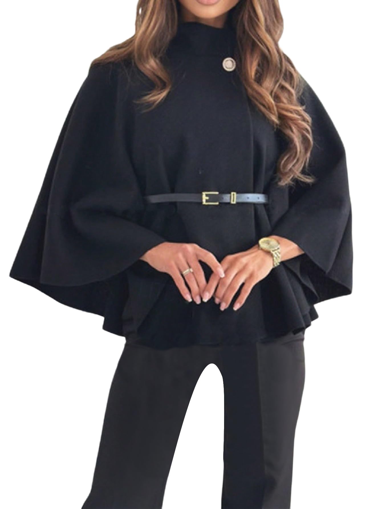 Women's Cape Coat Bat Wing 3/4 Sleeve Mock Neck Poncho Pea Coat Dressy Outerwear Jacket-image-9